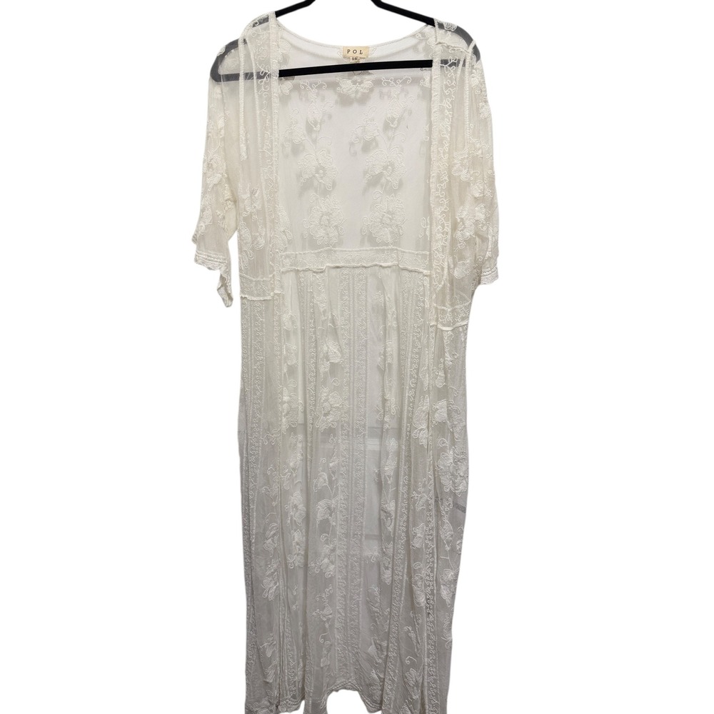 POL White Lace Kimono Duster Maxi Cardigan‎ Boho Festival Sheer S M